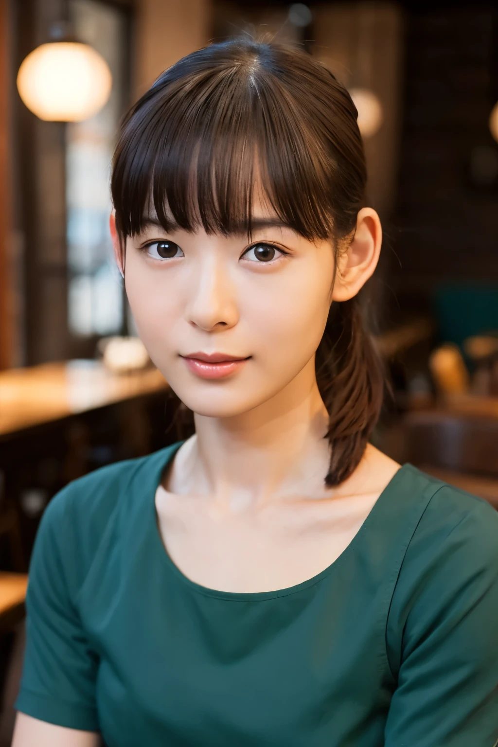 Create a high-quality, realistic portrait of a 30s Japanese woman sitting in a cozy, wooden-themed café. She has straight, dark brown hair with bangs, tied back in a low ponytail. Her expression is friendly and engaging. She is wearing a simple, short-sleeved, dark green-blue dress. The background features wooden paneling and a warm, ambient light from a lamp in the corner. Photo must be a masterpiece in quality expressing correct human structure, detailed face, and detailed eyes.