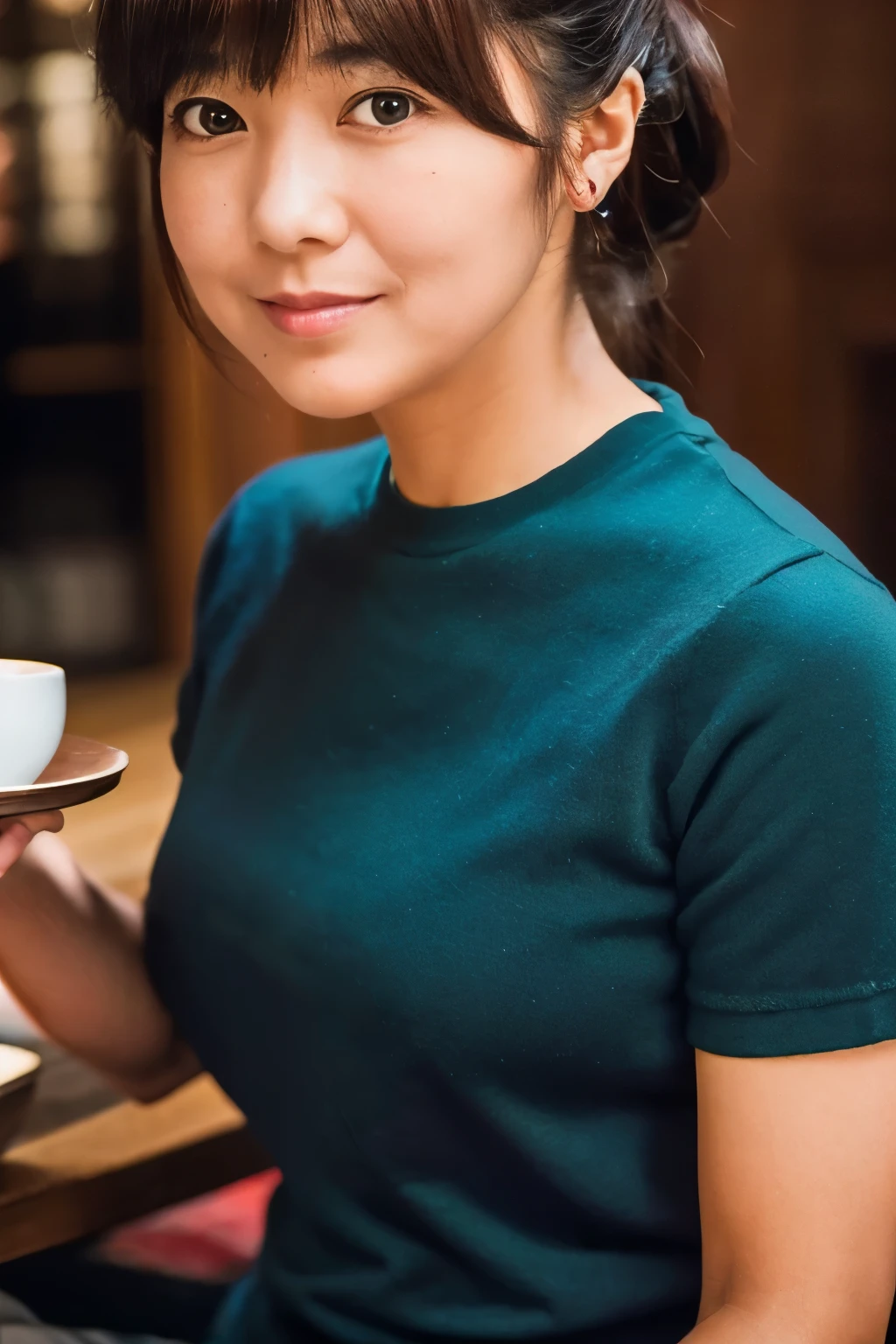 Create a high-quality, realistic portrait of a 30s Japanese woman sitting in a cozy, wooden-themed café. She has straight, dark brown hair with bangs, tied back in a low ponytail. Her expression is friendly and engaging. She is wearing a simple, short-sleeved, dark green-blue dress. The background features wooden paneling and a warm, ambient light from a lamp in the corner. Photo must be a masterpiece in quality expressing correct human structure, detailed face, and detailed eyes.