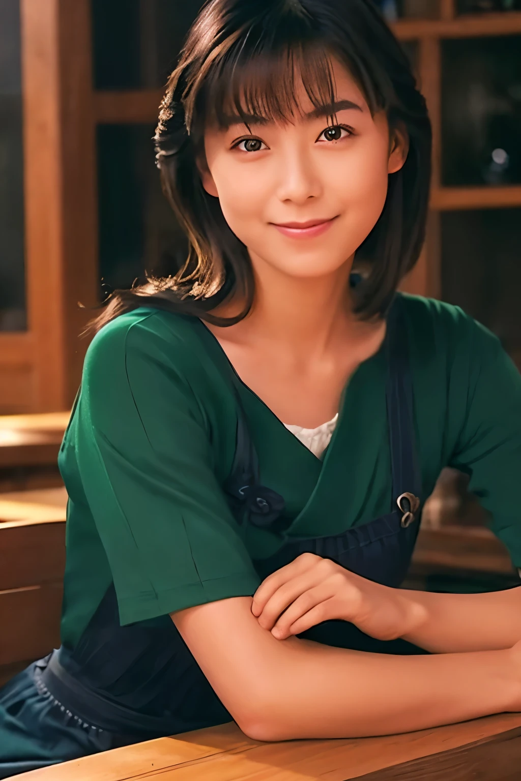 Create a high-quality, realistic portrait of a 30s Japanese woman sitting in a cozy, wooden-themed café. She has straight, dark brown hair with bangs, tied back in a low ponytail. Her expression is friendly and engaging. She is wearing a simple, short-sleeved, dark green-blue dress. The background features wooden paneling and a warm, ambient light from a lamp in the corner. Photo must be a masterpiece in quality expressing correct human structure, detailed face, and detailed eyes.