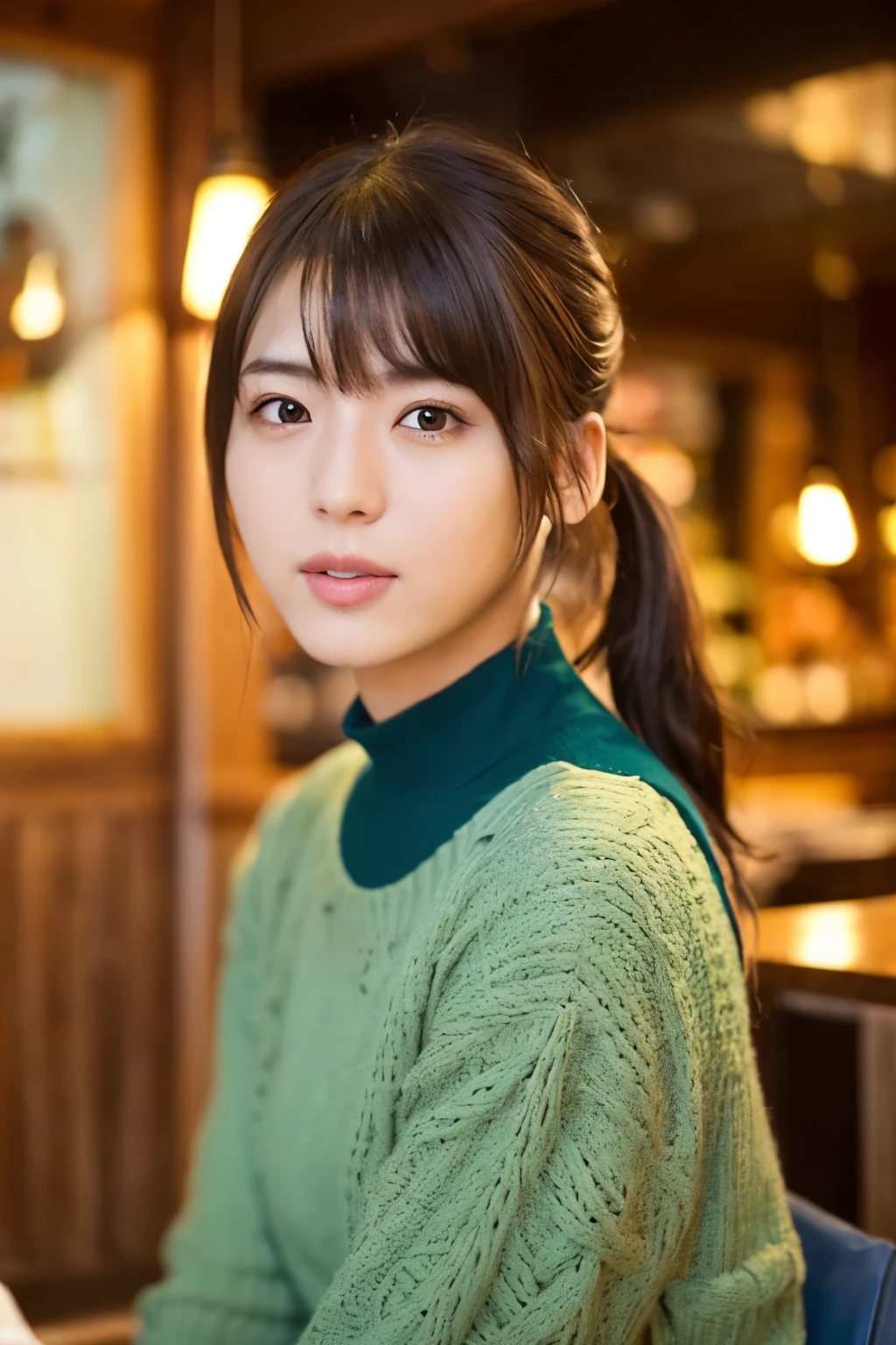 Create a high-quality, realistic portrait of a 30s Japanese woman sitting in a cozy, wooden-themed café. She has straight, dark brown hair with bangs, tied back in a low ponytail. Her expression is friendly and engaging. She is wearing a simple, short-sleeved, dark green-blue dress. The background features wooden paneling and a warm, ambient light from a lamp in the corner. Photo must be a masterpiece in quality expressing correct human structure, detailed face, and detailed eyes.