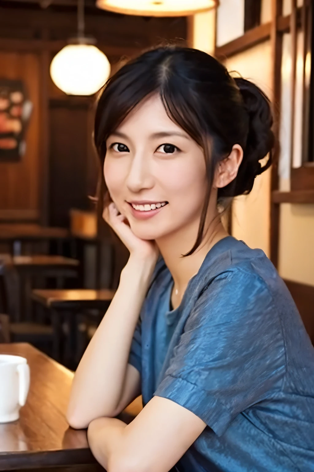 Create a high-quality, realistic portrait of a 30s Japanese woman sitting in a cozy, wooden-themed café. She has straight, dark brown hair with bangs, tied back in a low ponytail. Her expression is friendly and engaging. She is wearing a simple, short-sleeved, dark green-blue dress. The background features wooden paneling and a warm, ambient light from a lamp in the corner. Photo must be a masterpiece in quality expressing correct human structure, detailed face, and detailed eyes.