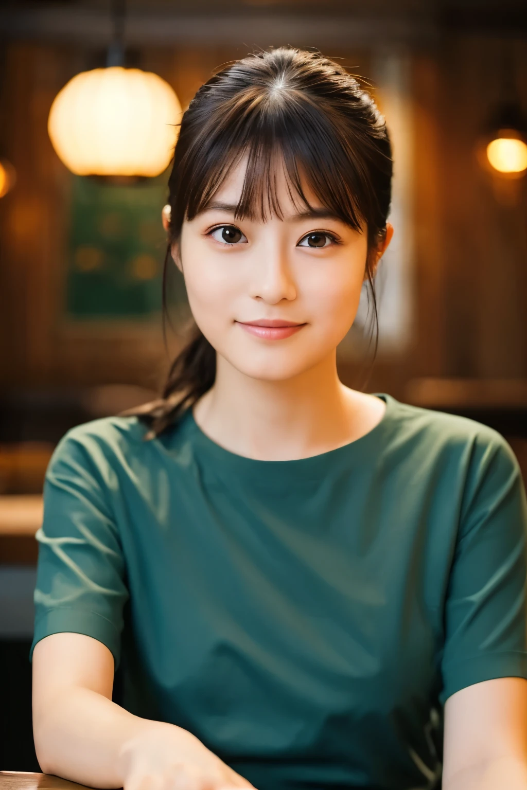 Create a high-quality, realistic portrait of a 30s Japanese woman sitting in a cozy, wooden-themed café. She has straight, dark brown hair with bangs, tied back in a low ponytail. Her expression is friendly and engaging. She is wearing a simple, short-sleeved, dark green-blue dress. The background features wooden paneling and a warm, ambient light from a lamp in the corner. Photo must be a masterpiece in quality expressing correct human structure, detailed face, and detailed eyes.