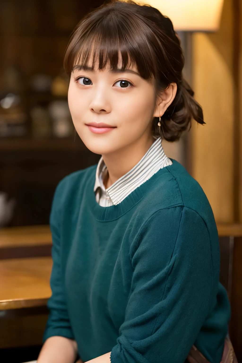 Create a high-quality, realistic portrait of a 30s Japanese woman sitting in a cozy, wooden-themed café. She has straight, dark brown hair with bangs, tied back in a low ponytail. Her expression is friendly and engaging. She is wearing a simple, short-sleeved, dark green-blue dress. The background features wooden paneling and a warm, ambient light from a lamp in the corner. Photo must be a masterpiece in quality expressing correct human structure, detailed face, and detailed eyes.