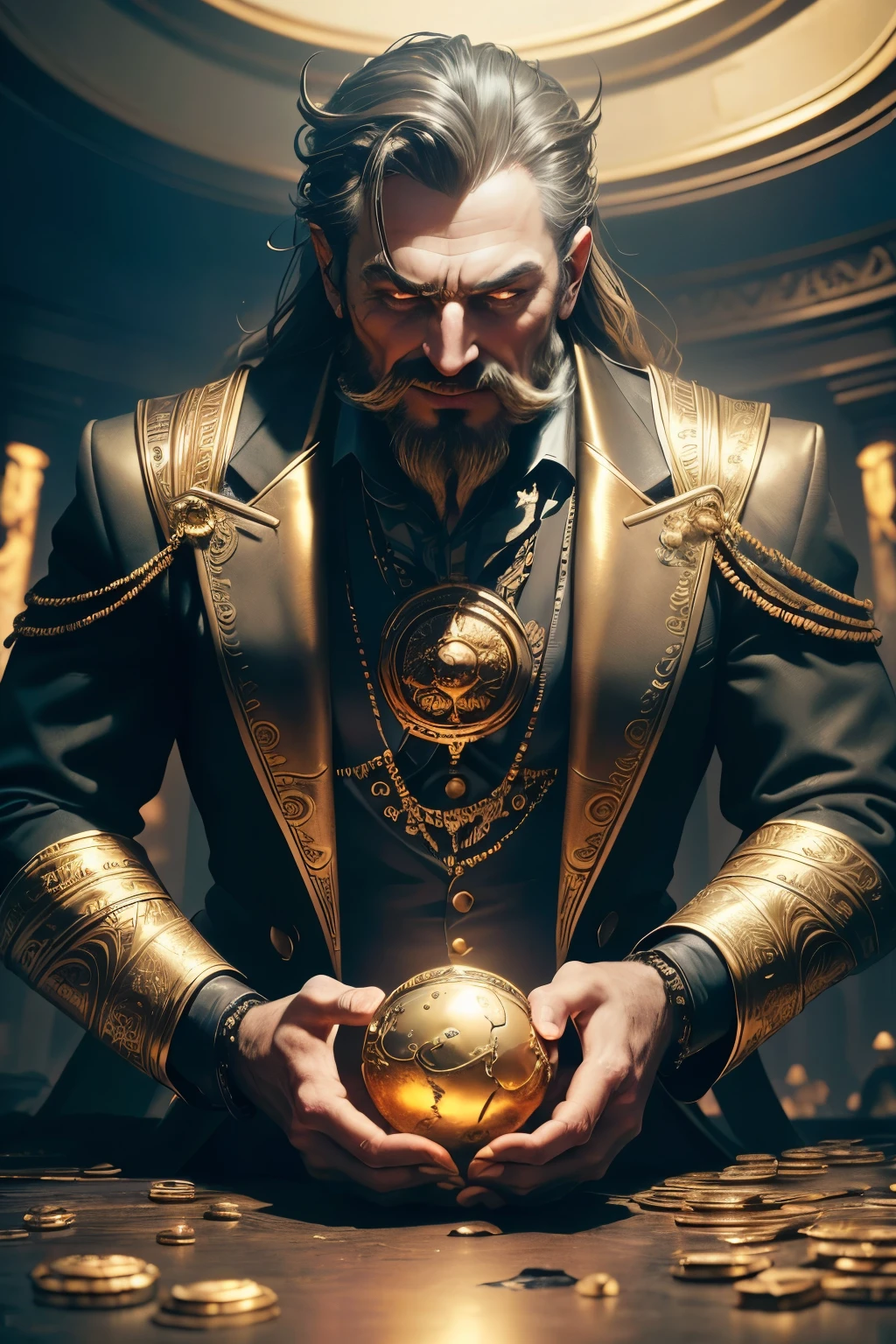 ((Best quality)), ((masterpiece)), ((realistic cartoon)), ((perfect character)):Evil,laughing, Greedy Corporate ,In this stunning and highly detailed realistic cartoon. Greedy Corporate stands curved with, clad in gold,contemplating his treasure, complete with flowing garments and ornate patterns. His face is high, adding to his evil and deadly appearance. Greedy Corporate channels the power of the void. The scene is set in a thematically rich environment, filled with magical vibes, and mystical symbols that enhance the ambiance. The dark lighting, crafted with a cinematic touch, casts a spellbinding dark glow, emphasizing the evil aura surrounding the Greedy Corporate. Every element of this masterpiece is carefully designed to create a sense of realism and immersion. The intricacies of the Greedy Corporate, the mesmerizing effects of his conjurations, and the level of detail in his weathered face all contribute to a captivating visual experience. This artwork is presented in stunning UHD resolution, allowing you to appreciate every nuance and intricacy in breathtaking detail. View from below,fisheye,Eye level, scenic, masterpiece,mtg art,magic the gathering art.