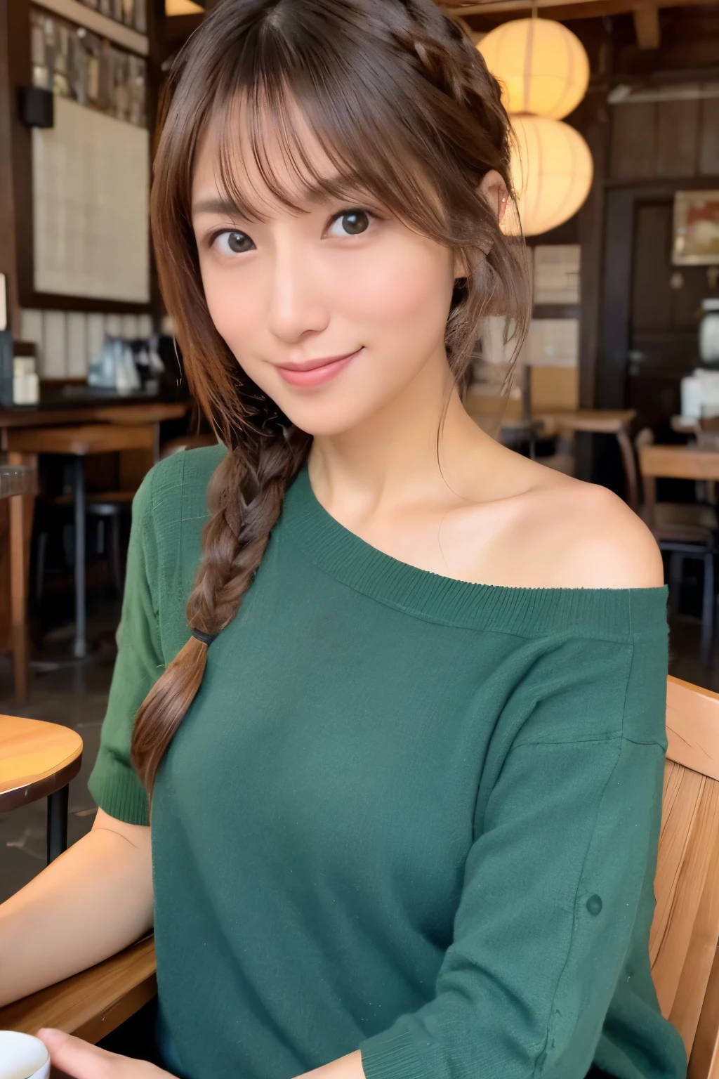 Create a high-quality, realistic portrait of a 30s Japanese woman sitting in a cozy, wooden-themed café. She has straight, dark brown hair with bangs, tied back in a low ponytail. Her expression is friendly and engaging. She is wearing a simple, short-sleeved, dark green-blue dress. The background features wooden paneling and a warm, ambient light from a lamp in the corner. Photo must be a masterpiece in quality expressing correct human structure, detailed face, and detailed eyes.