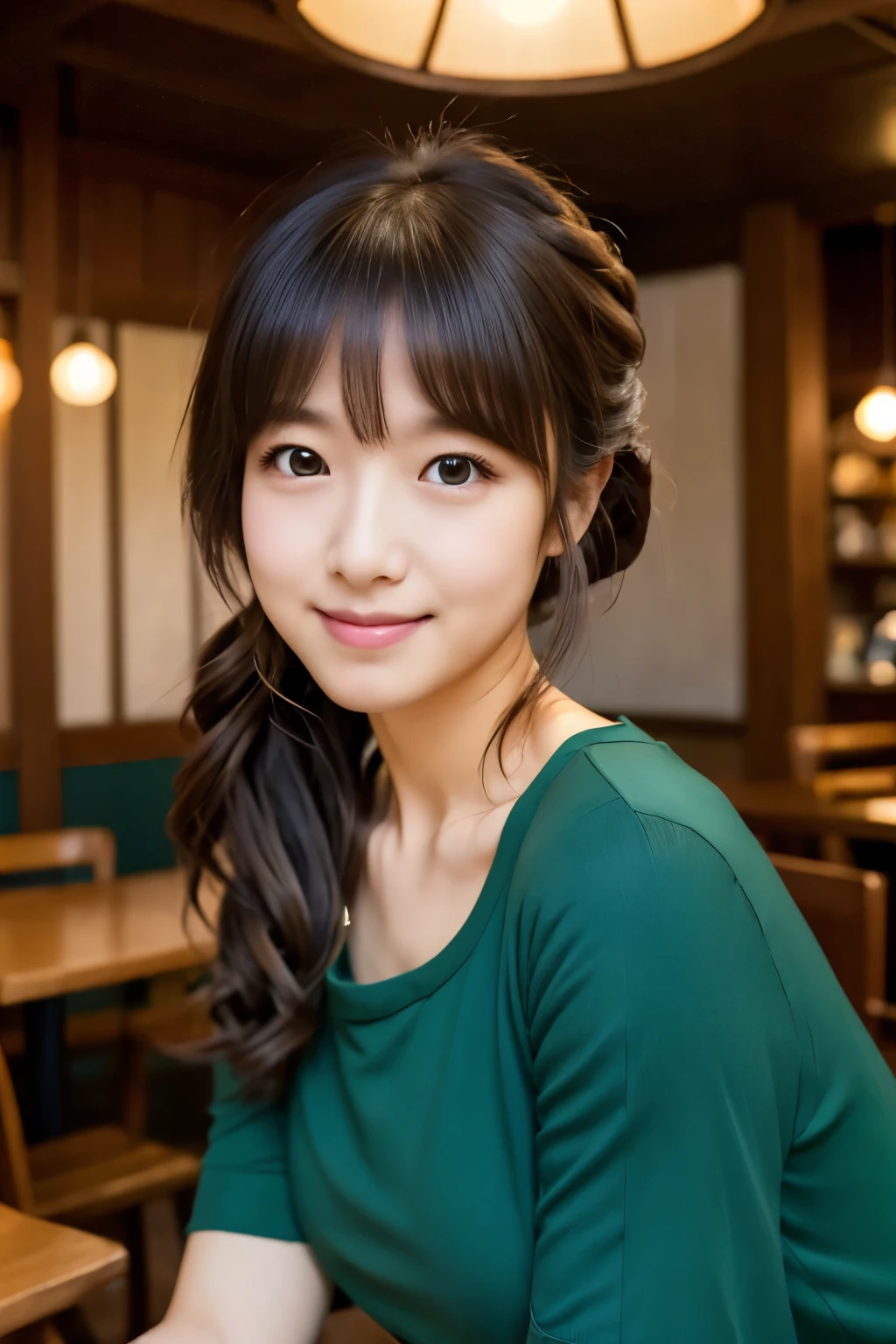 Create a high-quality, realistic portrait of a 30s Japanese woman sitting in a cozy, wooden-themed café. She has straight, dark brown hair with bangs, tied back in a low ponytail. Her expression is friendly and engaging. She is wearing a simple, short-sleeved, dark green-blue dress. The background features wooden paneling and a warm, ambient light from a lamp in the corner. Photo must be a masterpiece in quality expressing correct human structure, detailed face, and detailed eyes.