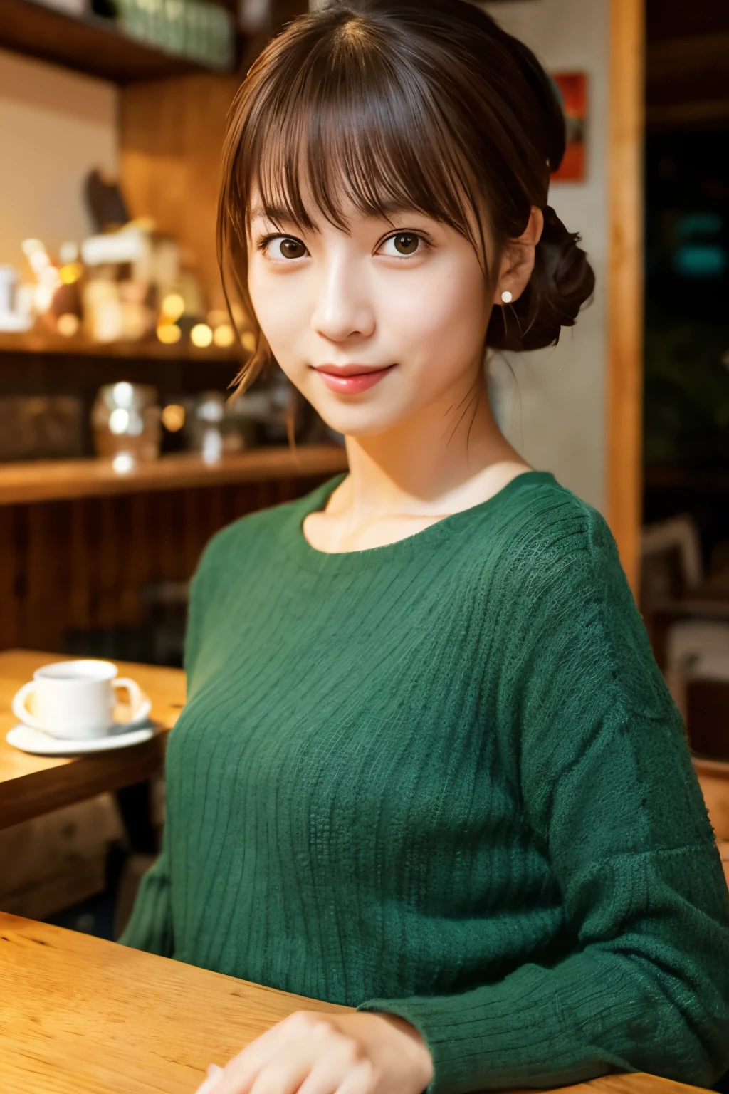 Create a high-quality, realistic portrait of a 30s Japanese woman sitting in a cozy, wooden-themed café. She has straight, dark brown hair with bangs, tied back in a low ponytail. Her expression is friendly and engaging. She is wearing a simple, short-sleeved, dark green-blue dress. The background features wooden paneling and a warm, ambient light from a lamp in the corner. Photo must be a masterpiece in quality expressing correct human structure, detailed face, and detailed eyes.