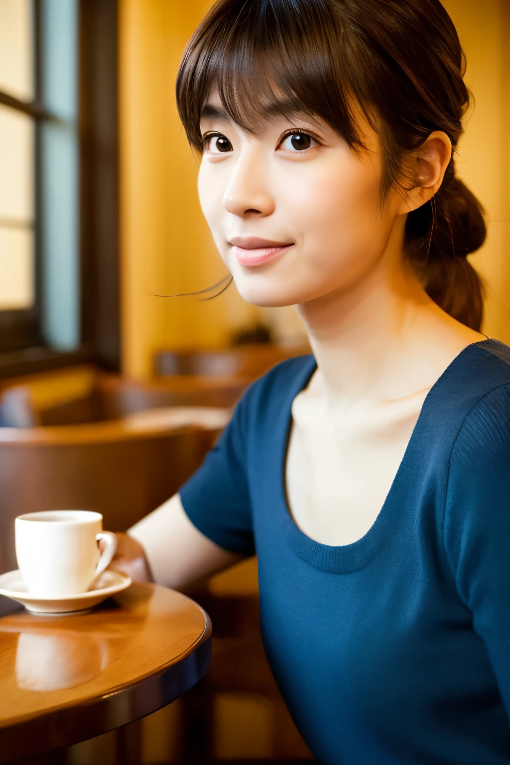 Create a high-quality, realistic portrait of a 30s Japanese woman sitting in a cozy, wooden-themed café. She has straight, dark brown hair with bangs, tied back in a low ponytail. Her expression is friendly and engaging. She is wearing a simple, short-sleeved, dark green-blue dress. The background features wooden paneling and a warm, ambient light from a lamp in the corner. Photo must be a masterpiece in quality expressing correct human structure, detailed face, and detailed eyes.