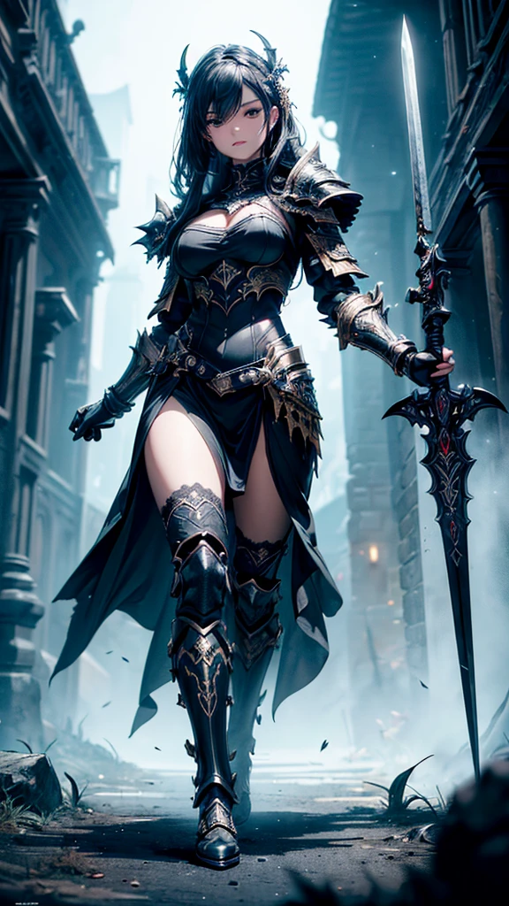 (((masterpiece, best quality, 8k)))A dark and cursed female game character,((perfect face)), wearing ornate black and gold armor, wielding a cursed blade, with dark vambraces and cursed boots, in a gloomy, atmospheric lighting,(((full body shot))), (best quality,4k,8k,highres,masterpiece:1.2),ultra-detailed,(realistic,photorealistic,photo-realistic:1.37),HDR,UHD,studio lighting,ultra-fine painting,sharp focus,physically-based rendering,extreme detail description,professional,vivid colors,bokeh,dark fantasy,concept art, full height
