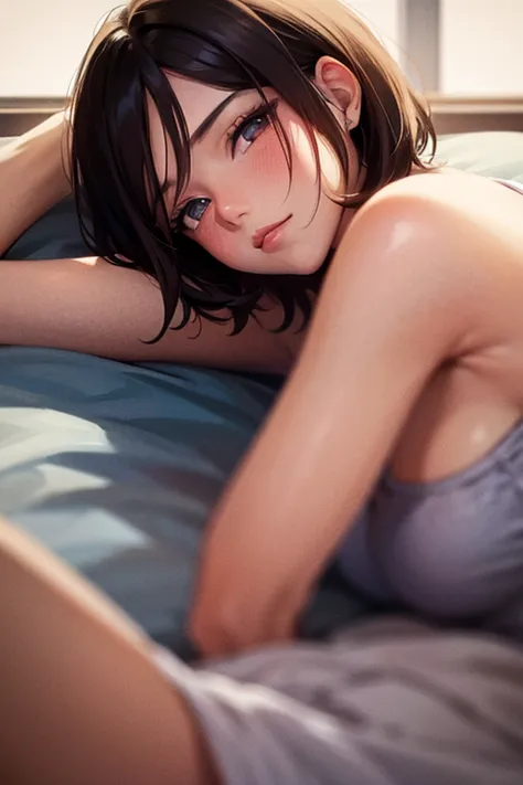 bedroom, lying down pose, girl, Brown Hair, short hair, camisole, ultra-high quality, 8k