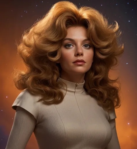 spacewoman, big hair, shaggy hair, digital photo, detailed image, sharp focus, backlight, warm colors, serenity, 50s vibe,