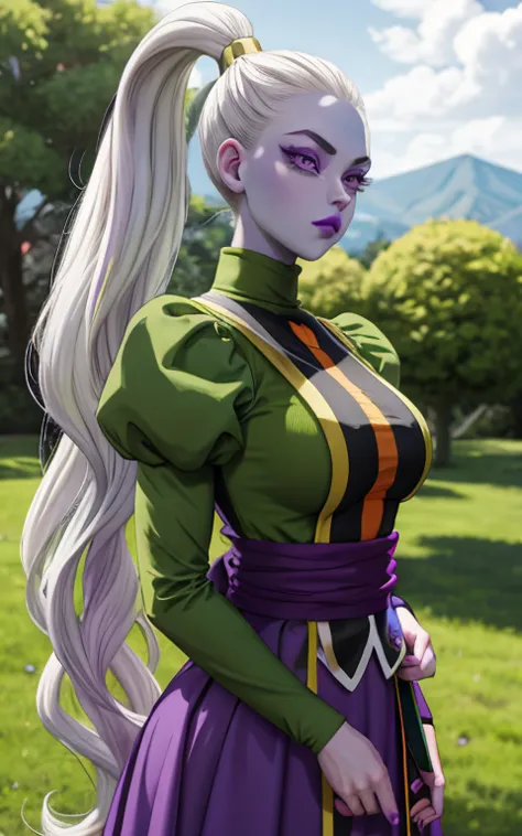 dress_dragonballsuper_vados_ownwaifu, 
1girl, blue skin, white hair, hair pulled back, high ponytail, purple eyes, colored skin,...