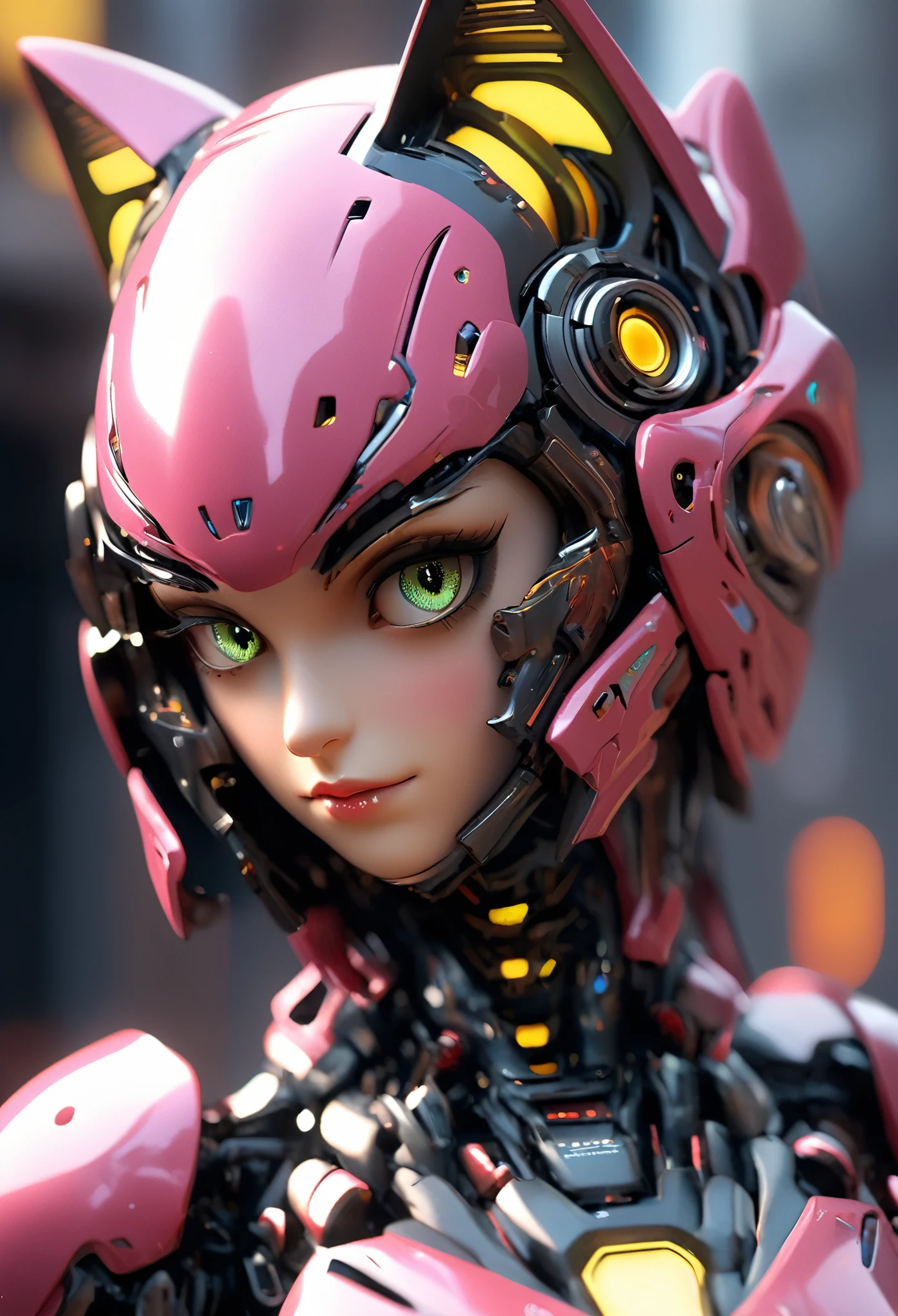(best quality,4k,8k,highres,masterpiece:1.2),ultra-detailed,(realistic,photorealistic,photo-realistic:1.37), a beautiful android girl with cat eyes, 1girl, detailed face, detailed eyes, detailed lips, long eyelashes, porcelain skin, mecha, futuristic, cyberpunk, neon city, glowing cybernetic implants, iridescent, highly detailed, cinematic lighting, octane render, 8k, photorealistic