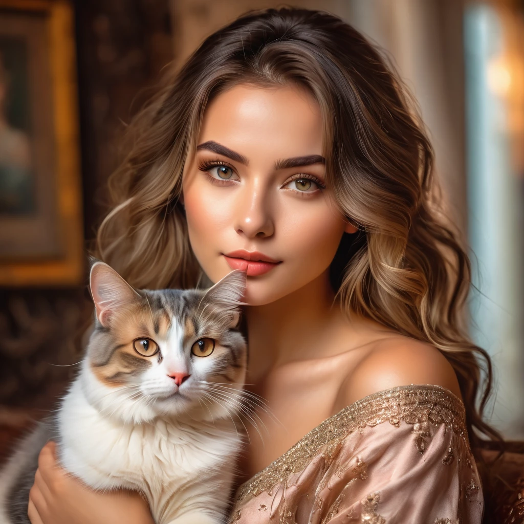 Une belle fille avec un chat mignon, yeux détaillés, lèvres détaillées, long cils, cheveux complexes, Beau portrait détaillé, très détaillé, 8k, Photoréaliste, peinture numérique professionnelle, palette de couleurs chaudes, éclairage doux, expression sereine, traits délicats, robe élégante, assis dans un intérieur confortable, chat sur ses genoux, compagnon félin, portrait style, Éclairage dramatique, réalisme époustouflant