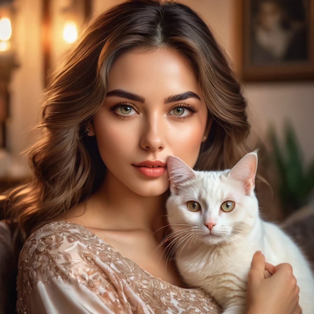 Una hermosa chica con un lindo gato., ojos detallados, labios detallados, Pestañas largas, cabello intrincado, Hermoso retrato detallado, muy detallado, 8K, Fotorrealista, pintura digital profesional, paleta de colores cálidos, iluminación suave, expresión serena, facciones delicadas, vestido elegante, sentado en un interior acogedor, gato mascota en su regazo, compañero felino, estilo retrato, iluminación dramática, impresionante realismo