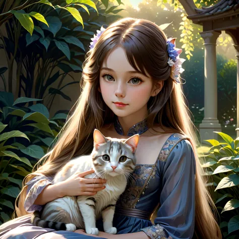 a girl with a beautiful cat, detailed portrait, long flowing hair, intricate dress, sitting in a serene garden, natural lighting...