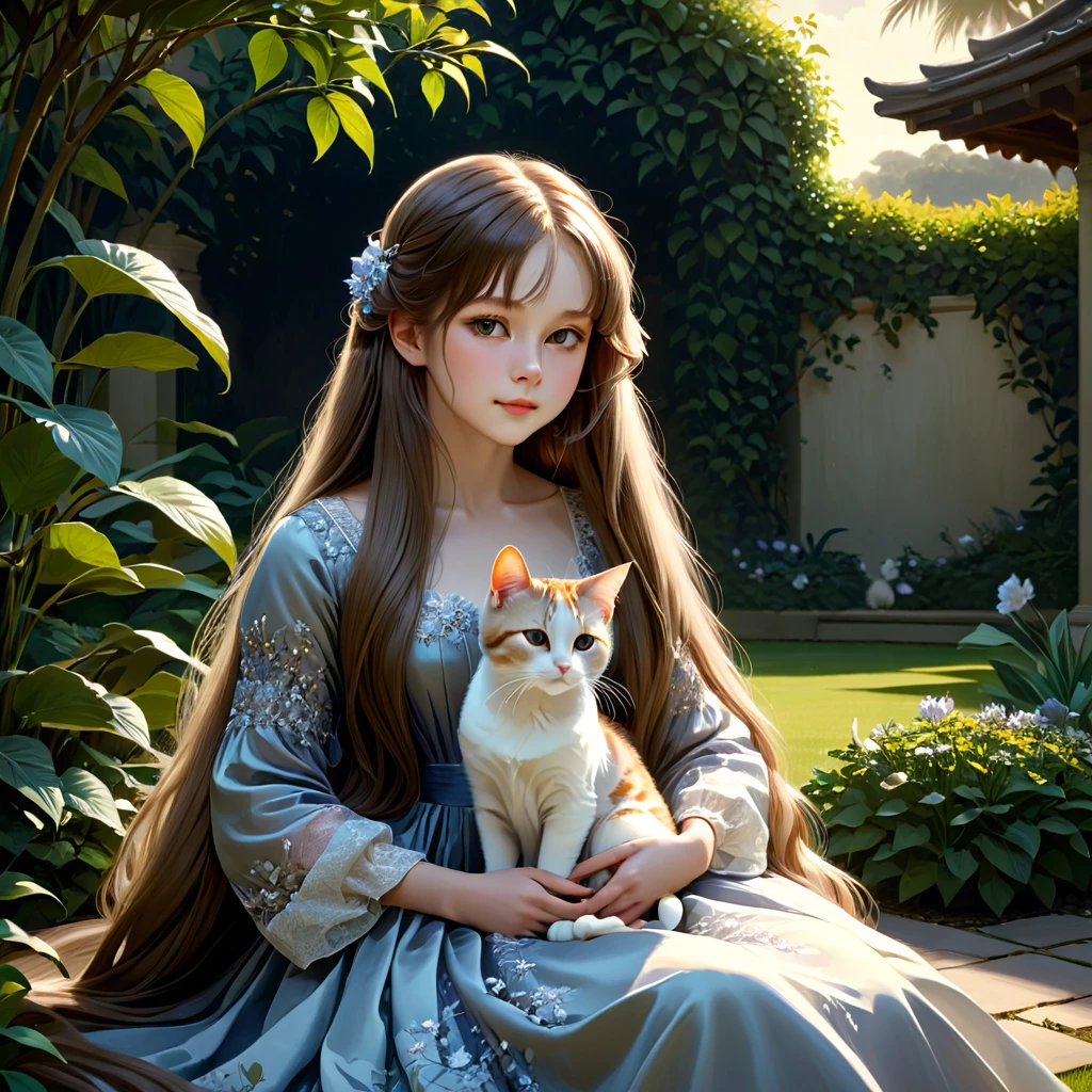 a girl with a beautiful cat, detailed portrait, long flowing hair, intricate dress, sitting in a serene garden, natural lighting, (best quality,8k,highres,masterpiece:1.2),ultra-detailed,(realistic,photorealistic,photo-realistic:1.37),cinematic,chiaroscuro lighting,muted color palette,intricate digital painting,dramatic shadows,emotive expression