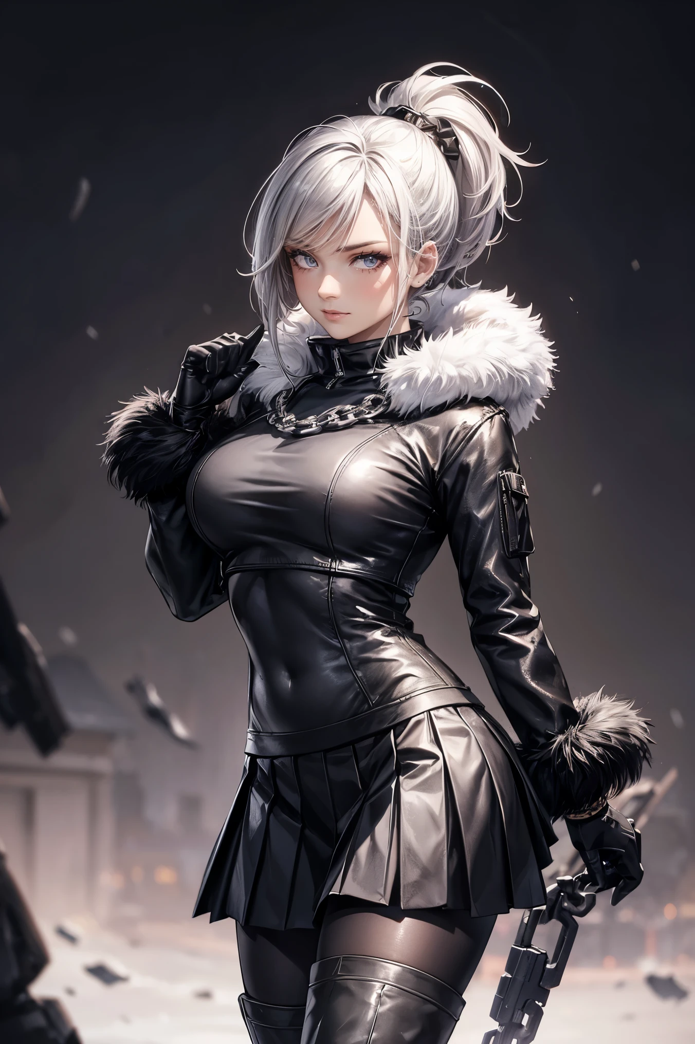 a woman, leggings, pleated skirt, sports top, high ponytail, high boots, long fur jacket, on a foggy moonlit night in a ghost town, detailed face, hyper detailed eye's, detailed lips, , with a metal chainned-colar in the neck, lineart