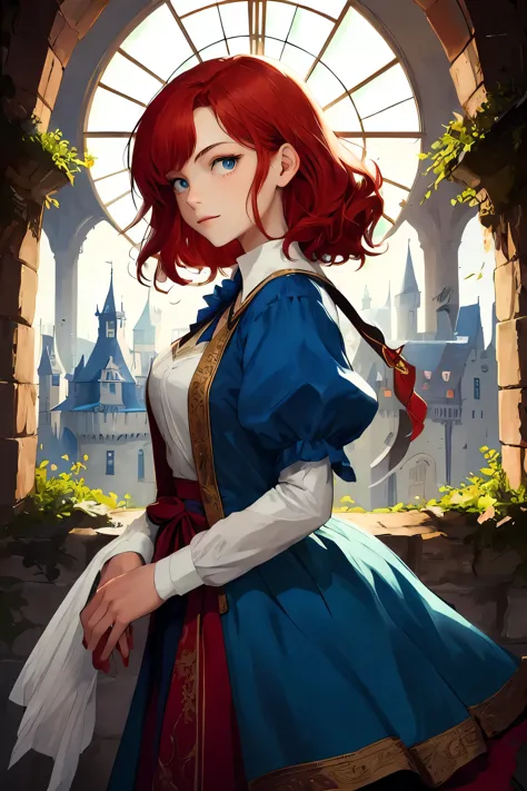 masterpiece ,best quality, beautiful woman with red hair in an enchanted castle