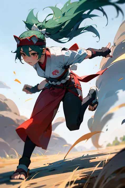 kiriko from overwatch, young shinobi girl, short ponytail hair, jade green hair, brown eyes, naruto konoha headband, full body, ...