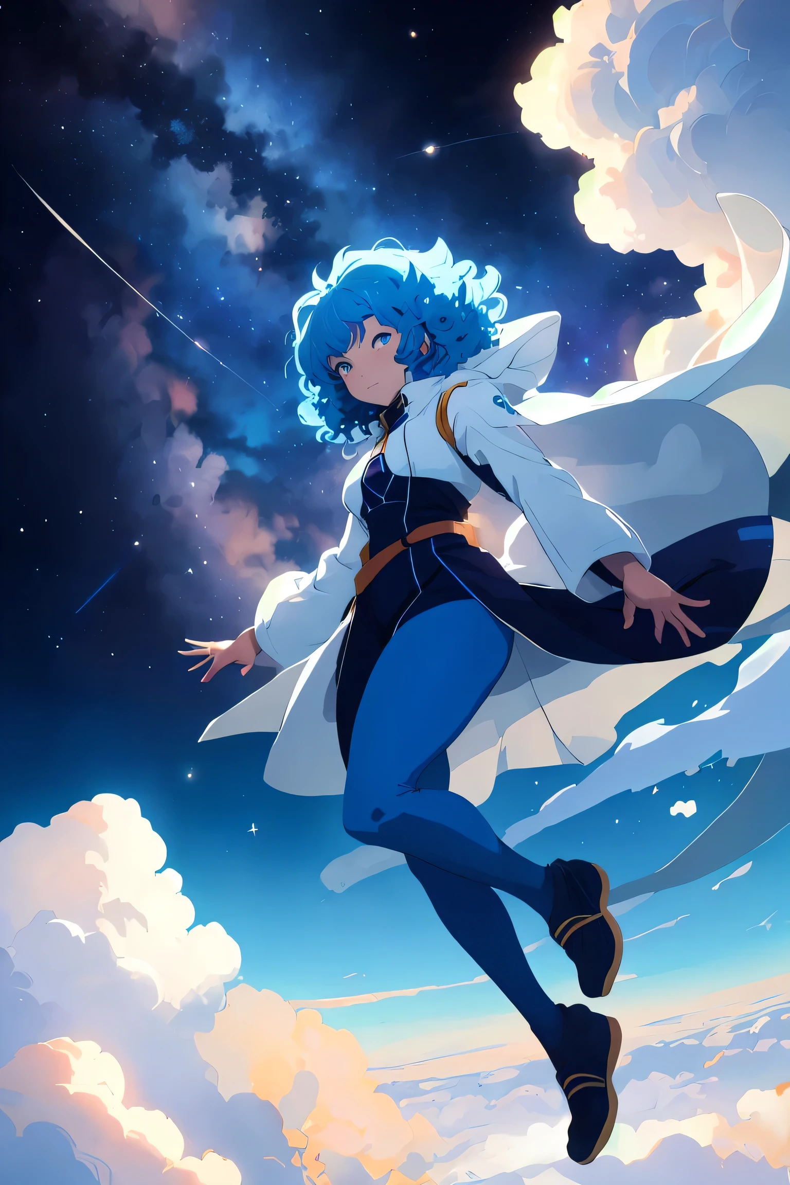 masterpiece ,best quality, Beautiful blue skin anime model full body, sun-bathing on floating cloud along the milky way, enticing eyes, curly hair dreamy, background thick clouds, high quality, 4k, 8k,