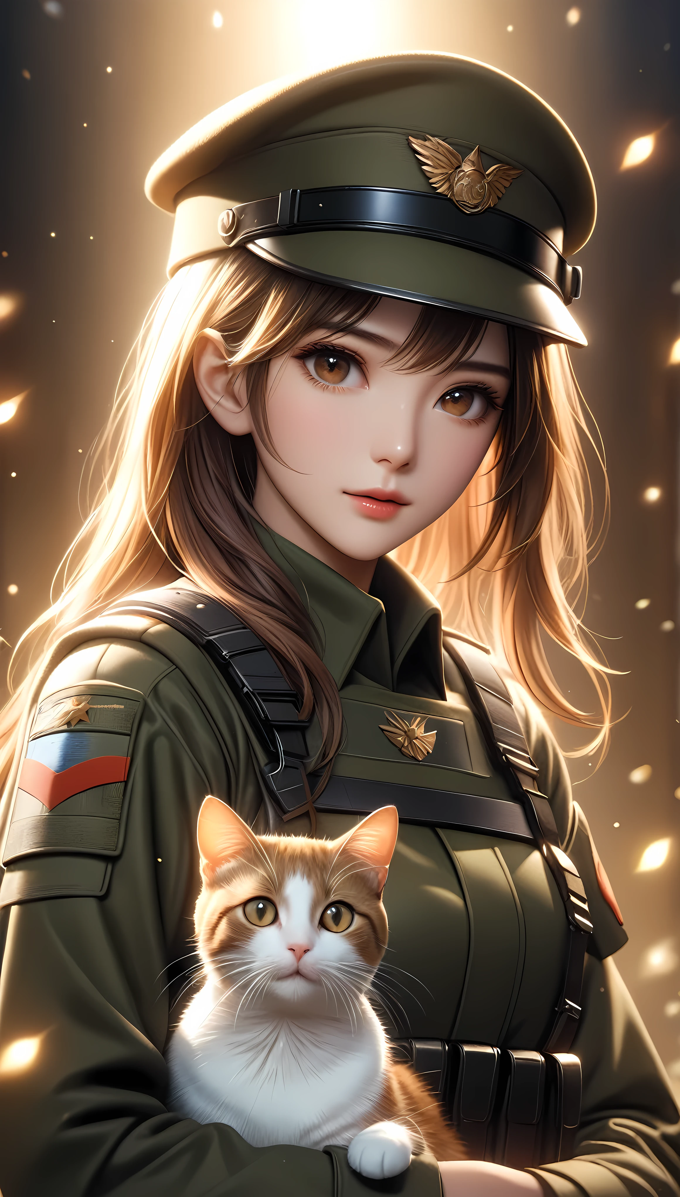 ((Masterpiece in maximum 16K resolution):1.6),((soft_color_illustration):1.5), ((Ultra-Detailed):1.4),((Movie-like still images and dynamic angles):1.3). | ((cinematic anime illustration of beautiful female soldier with her cat):1.2), ((Beautiful female soldier):1.1), ((cute cat ):1.2), ((female soldier uniform):1.3), (cinematic anime illustration), (luminous object), (tyndall effect), (warm atmosphere), (shimmer), (aesthetic anime background), (visual experience),(Realism), (Realistic),award-winning illustration, extremely detailed, Digital Art, rtx, Unreal Engine. | Rendered in ultra-high definition with UHD and retina quality, this masterpiece ensures anatomical correctness and textured skin with super detail. With a focus on high quality and accuracy, this award-winning illustration captures every nuance in stunning 16k resolution, immersing viewers in its lifelike depiction. | ((perfect_composition, perfect_design, perfect_layout, perfect_detail, ultra_detailed)), ((enhance_all, fix_everything)), More Detail, Enhance.
