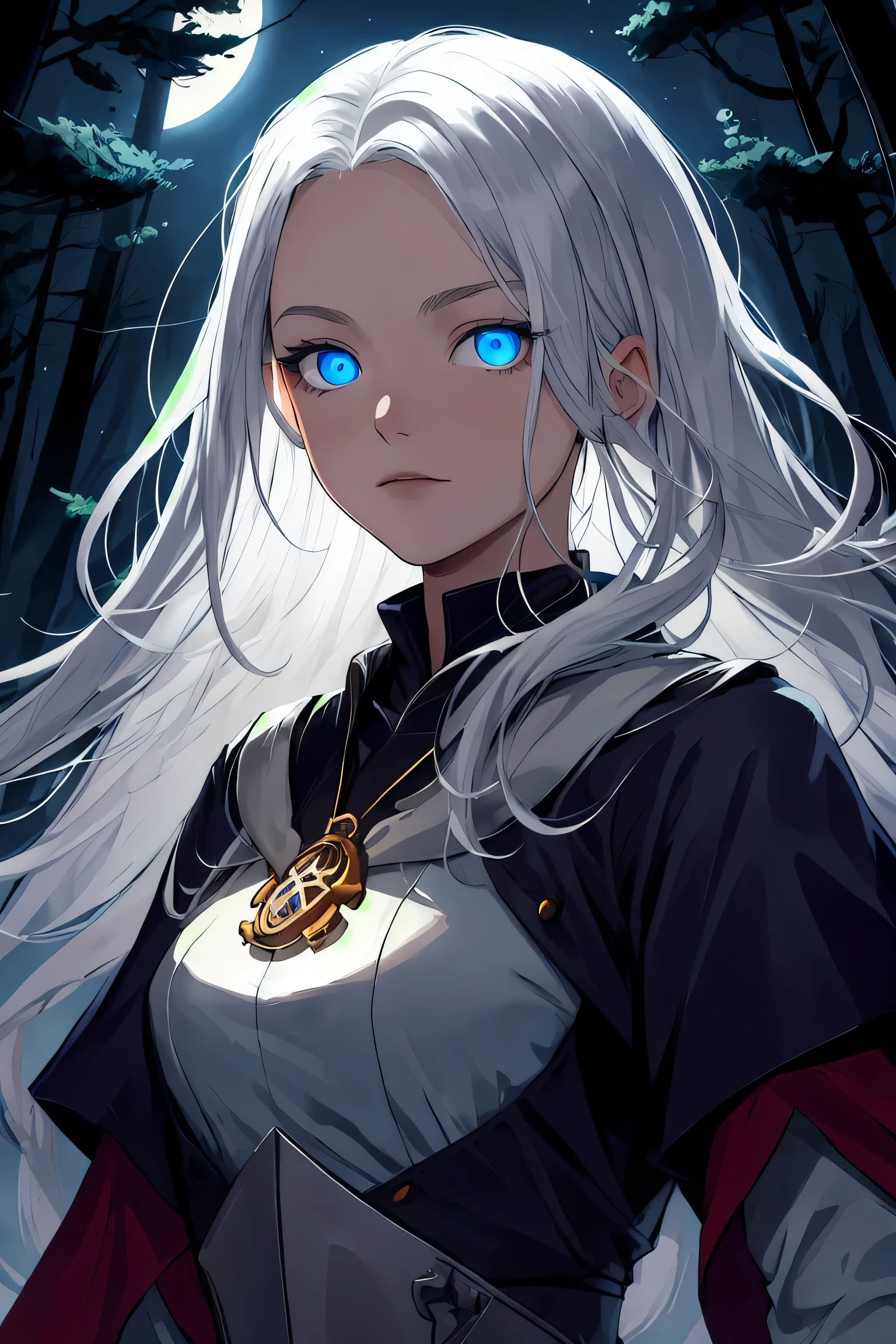 masterpiece ,best quality, Aasimar, twilight cleric, silver hair, blue eyes, glowing eyes, moonlit forest, female