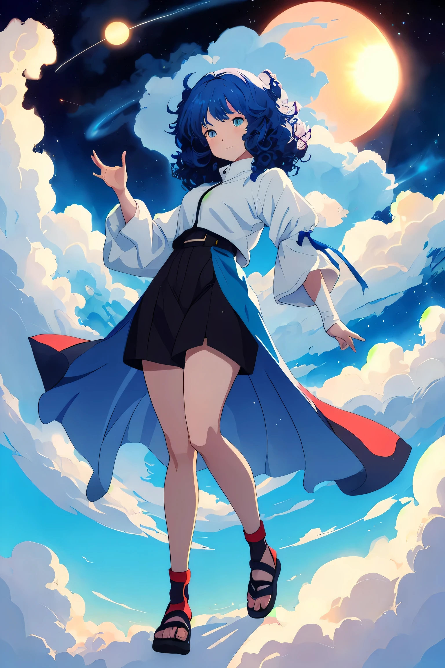 masterpiece ,best quality, Beautiful blue skin anime model full body, sun-bathing on floating cloud along the milky way, enticing eyes, curly hair dreamy, background thick clouds, high quality, 4k, 8k,