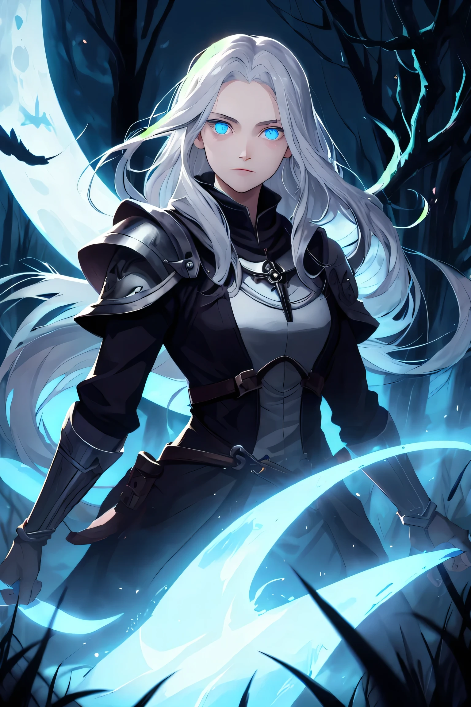 masterpiece ,best quality, Aasimar, twilight cleric, silver hair, blue eyes, glowing eyes, moonlit forest, female