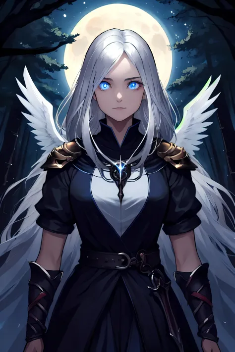 masterpiece ,best quality, aasimar, twilight cleric, silver hair, blue eyes, glowing eyes, moonlit forest, female