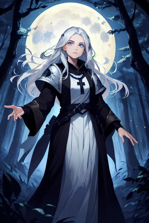 masterpiece ,best quality, aasimar, twilight cleric, silver hair, blue eyes, glowing eyes, moonlit forest, female