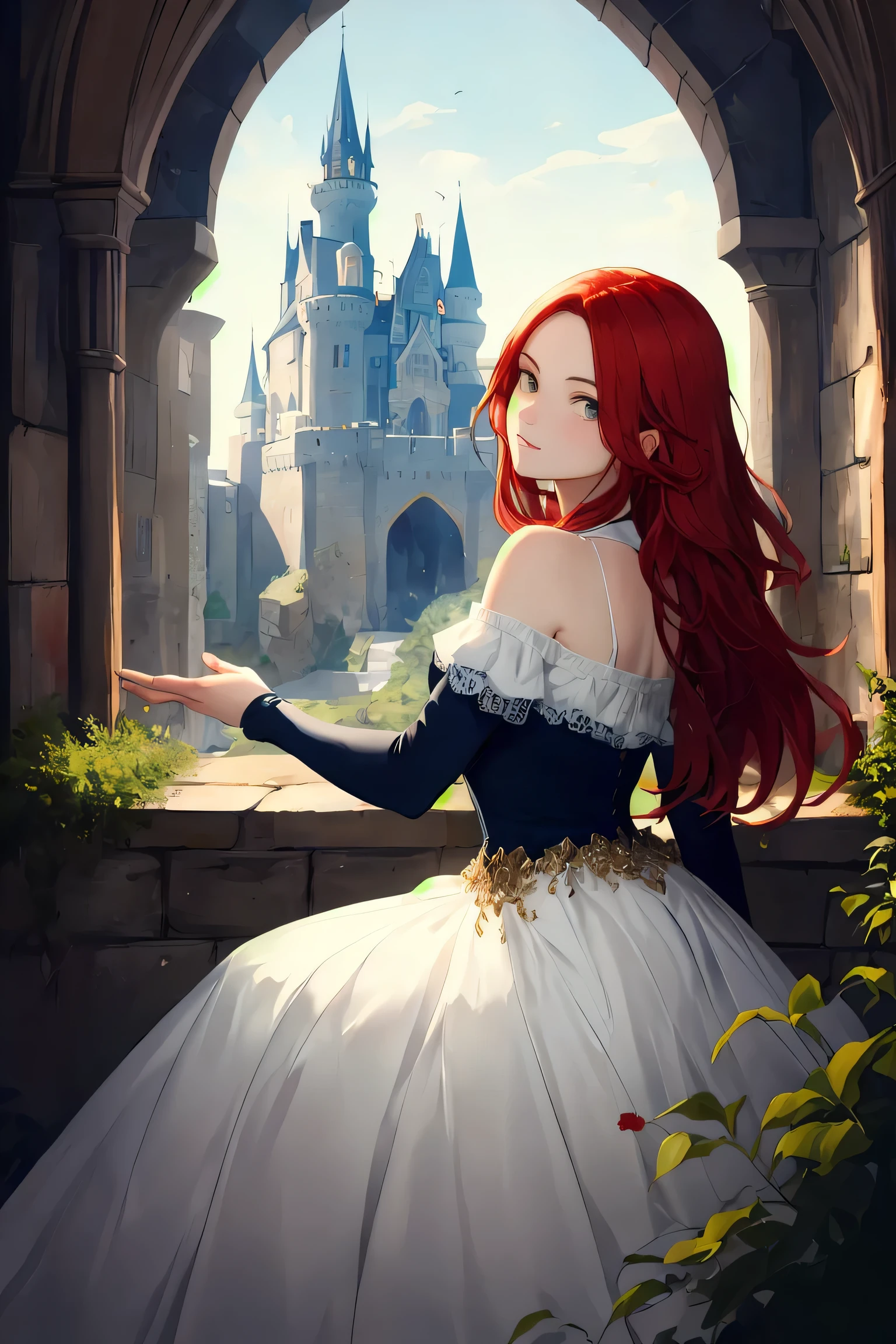 masterpiece ,best quality, Beautiful woman with red hair in an enchanted castle