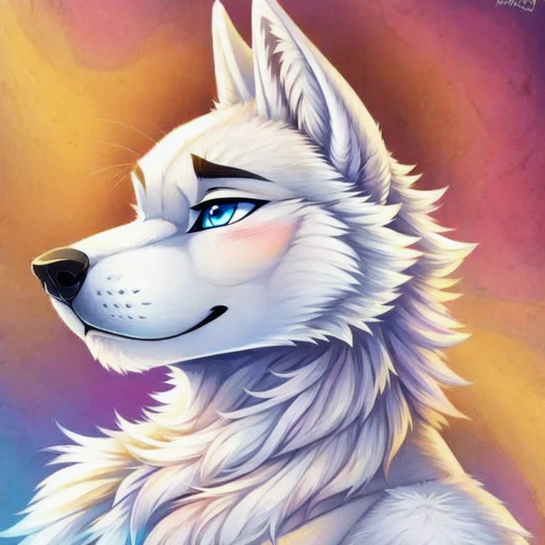 (masterpiece, best quality:1.2), 1boy, solo, anthro, looking away, portrait, smile, blushing, blue eyes, white fur, wolf, black nose, 