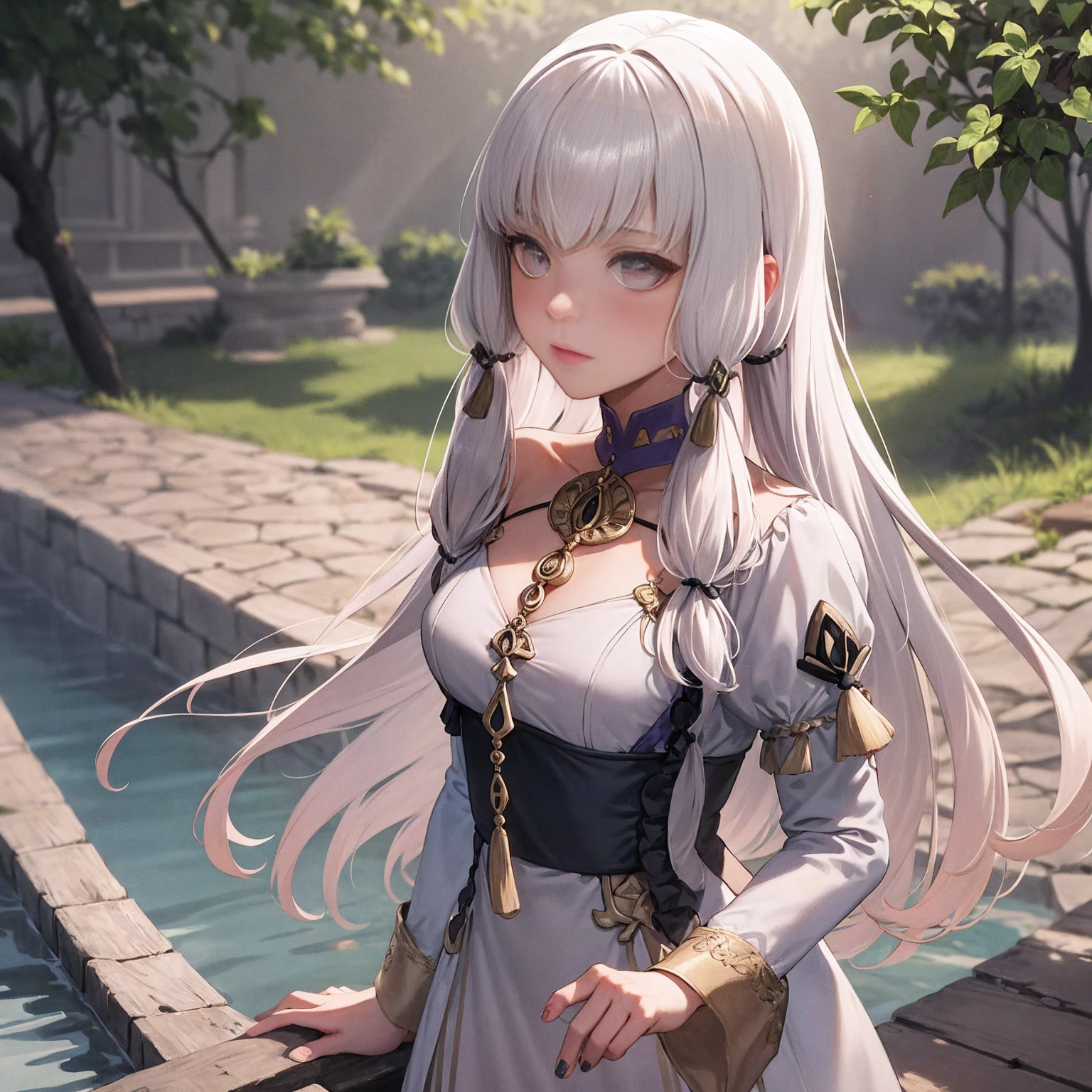 Lysithea von Ordelia is depicted in this artwork as a serene and captivating figure. She is portrayed as a young girl with long, straight hair and mesmerizing eyes. Her hair is styled in low twintails, giving her a unique appearance. The artwork is presented in a monochrome greyscale, with the exception of a few elements. Lysithea is shown in an upper body shot, wearing a flowing dress that adds to her poised posture. Her porcelain skin is accentuated by a subtle blush, giving her a delicate and ethereal look. She is adorned with a crystal pendant, which adds a touch of elegance to her overall appearance. The artwork takes place during the golden hour, as indicated by the warm tones, sun flare, and soft shadows. This lighting technique enhances the vibrant colors, creating a painterly effect that adds to the dreamy atmosphere of the piece. The scene is set against a scenic lake, with distant mountains and a willow tree. The calm water reflects the sunlit clouds, contributing to the peaceful ambiance and idyllic sunset. The level of detail in this official art is remarkable, with every element meticulously rendered. The artwork is presented in unity 8k wallpaper resolution, allowing viewers to appreciate the intricate details. Additionally, the zentangle and mandala elements add a touch of complexity to the overall composition.