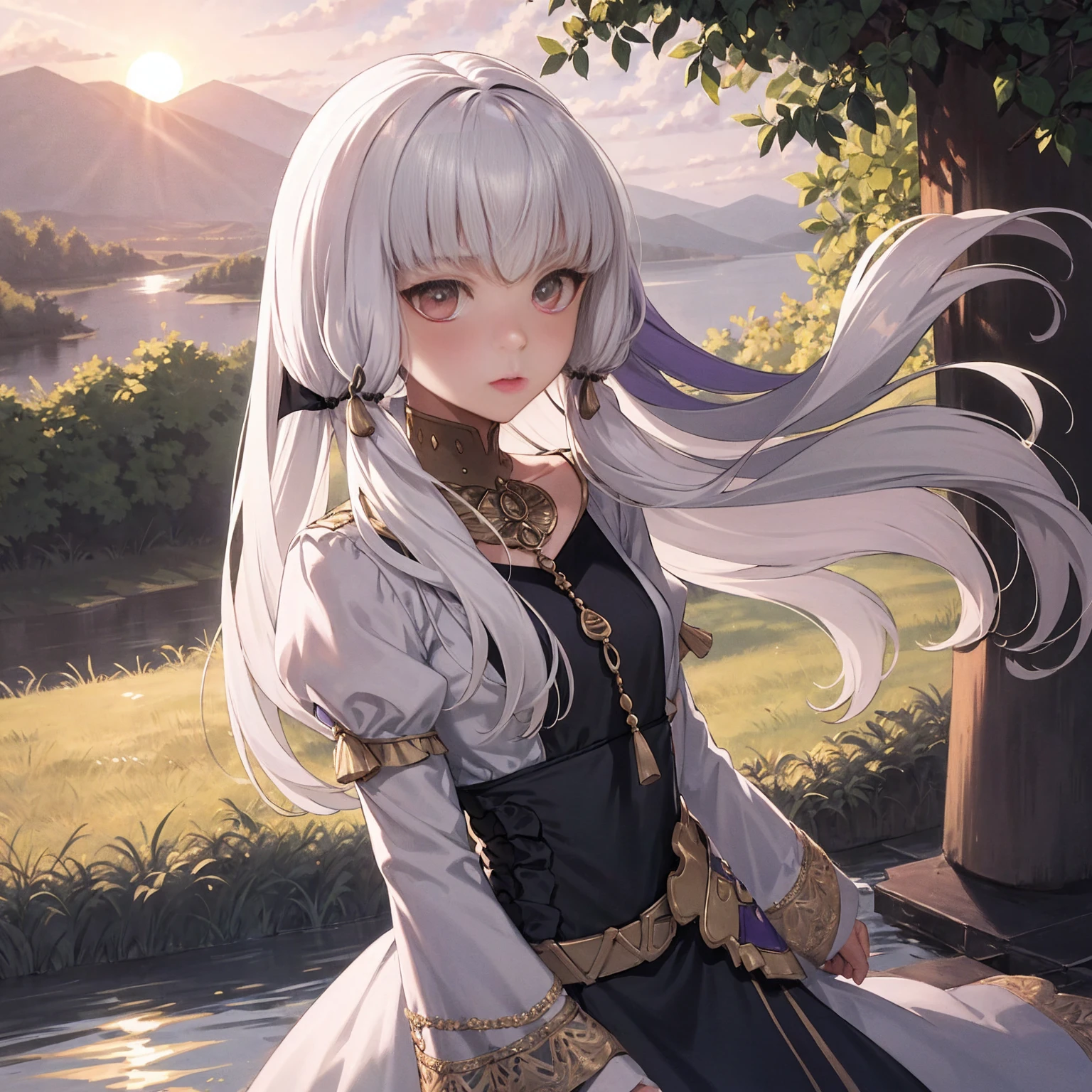 Lysithea von Ordelia is depicted in this artwork as a serene and captivating figure. She is portrayed as a young girl with long, straight hair and mesmerizing eyes. Her hair is styled in low twintails, giving her a unique appearance. The artwork is presented in a monochrome greyscale, with the exception of a few elements. Lysithea is shown in an upper body shot, wearing a flowing dress that adds to her poised posture. Her porcelain skin is accentuated by a subtle blush, giving her a delicate and ethereal look. She is adorned with a crystal pendant, which adds a touch of elegance to her overall appearance. The artwork takes place during the golden hour, as indicated by the warm tones, sun flare, and soft shadows. This lighting technique enhances the vibrant colors, creating a painterly effect that adds to the dreamy atmosphere of the piece. The scene is set against a scenic lake, with distant mountains and a willow tree. The calm water reflects the sunlit clouds, contributing to the peaceful ambiance and idyllic sunset. The level of detail in this official art is remarkable, with every element meticulously rendered. The artwork is presented in unity 8k wallpaper resolution, allowing viewers to appreciate the intricate details. Additionally, the zentangle and mandala elements add a touch of complexity to the overall composition.