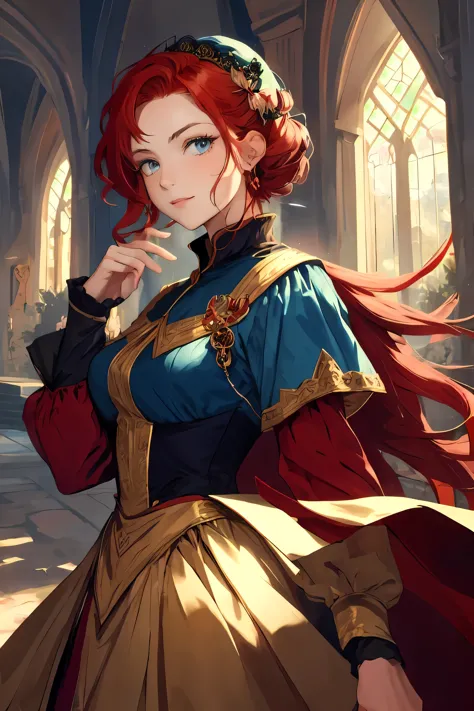 masterpiece ,best quality, beautiful woman with red hair in an enchanted castle