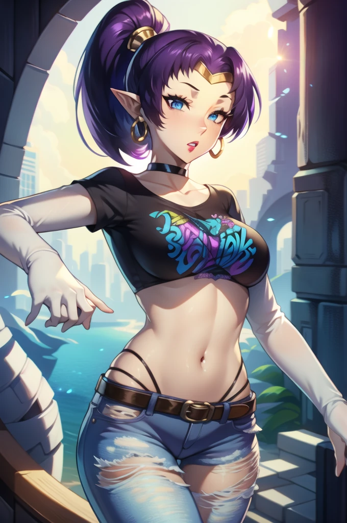 1girl,Shantae, choker, hoop earrings, high ponytail, ((tan_skin)),pointy ears,purple_hair,blue_eyes, 1girl, solo, standing, black t-shirt, white shirt, blue jeans, belt, lipstick, large breasts, layered sleeves
