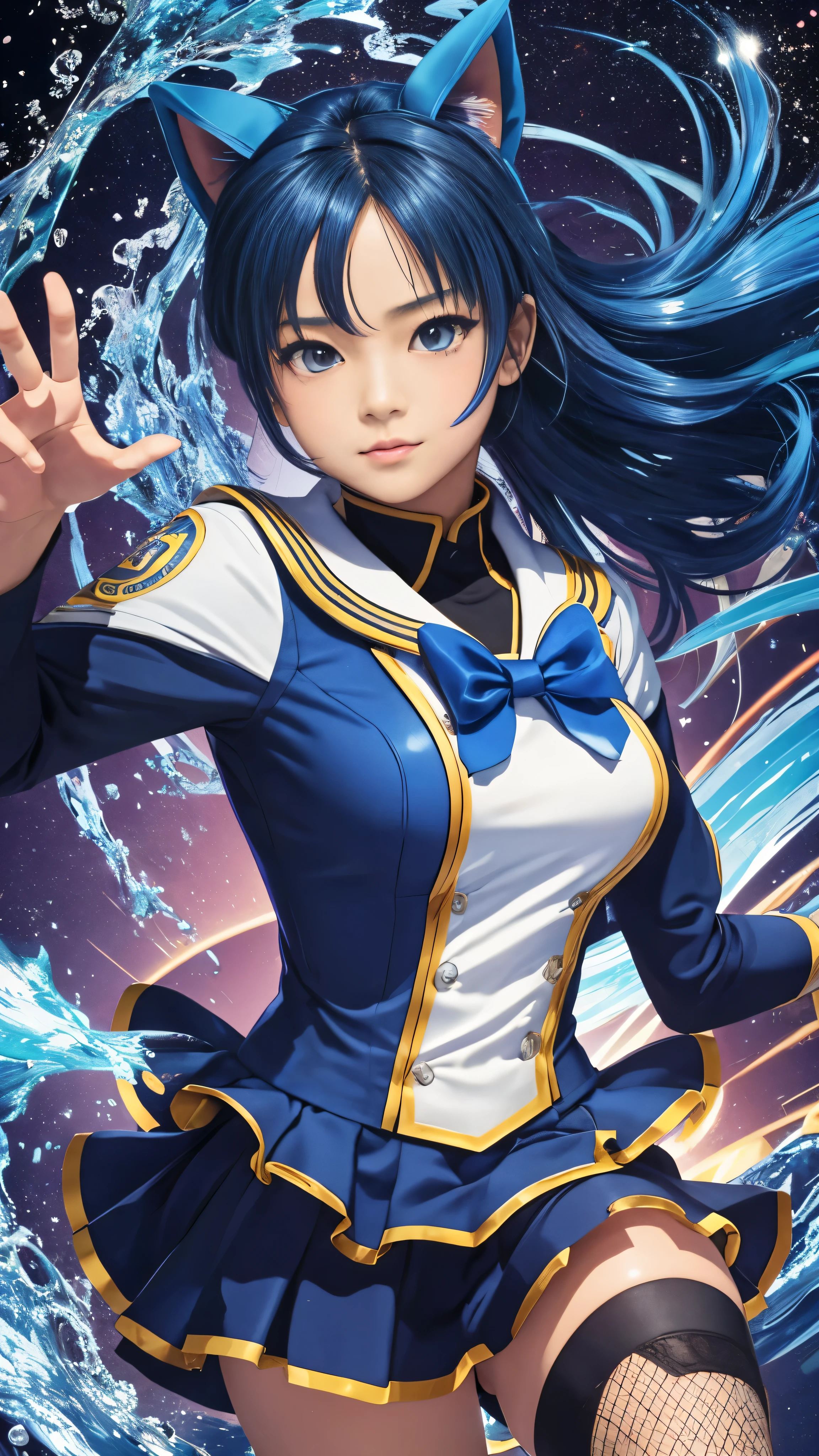 (masterpiece)、(highest quality)、Real、Cinematic Light、Mizuno Ami、Sailor Mercury、stand、Battlefield Background、Perfect body、Blue Hair、uniform。Her uniform is、intricate details and、It features a vivid and glossy finish under dynamic lighting.。Layers of blue hair、It brings out the vivid colors of the uniform.。Ami&#39;s body is depicted with athletic grace.、All muscles are defined yet graceful。Against the backdrop of the battlefield、The focus is on Ami&#39;s determined pose。Realistic figures