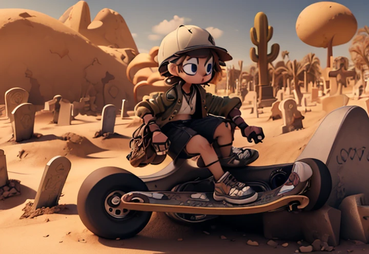 Eris holding Large Handgun riding Skateboard on Graveyard at Desert 