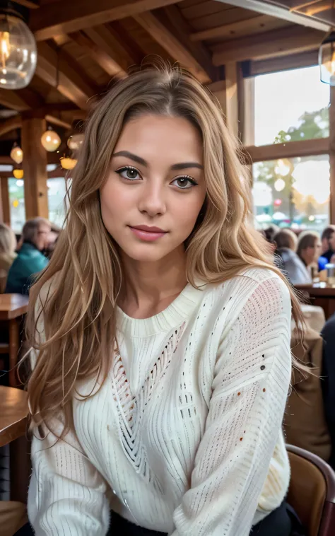 cute beautiful dark baleage blonde wearing yellow sweater "old money style "(inside a modern cafe at sunset), very detailed, 21 ...