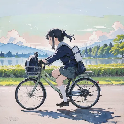 (masterpiece, highest quality:1.2), reality、A girl riding a bicycle, alone、middle School girls，uniform、Panchi et al.，From the si...