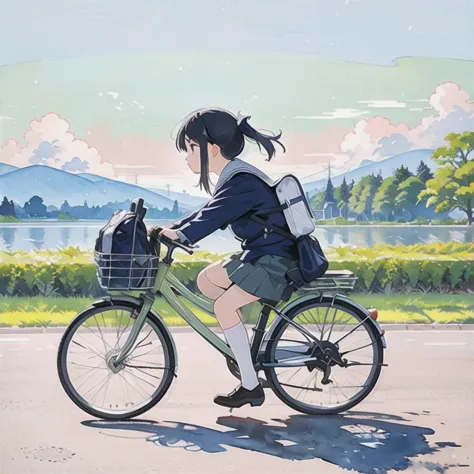 (masterpiece, highest quality:1.2), reality、a girl riding a bicycle, alone、middle school girls，uniform、panchi et al.，from the si...