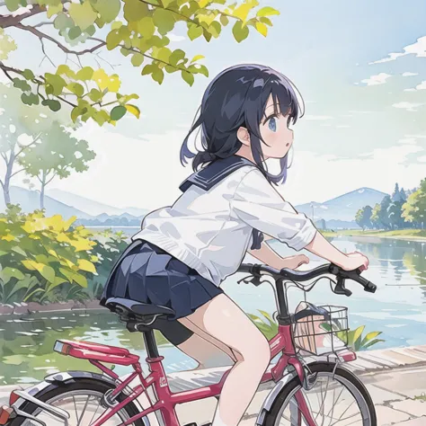 (masterpiece, highest quality:1.2), reality、A girl riding a bicycle, alone、middle School girls，uniform、Panchi et al.，White panti...