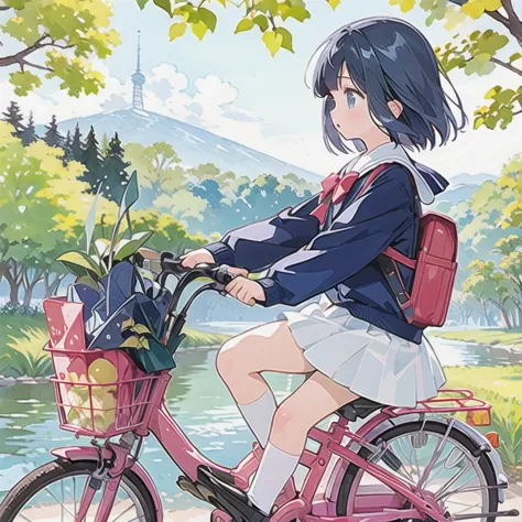 (masterpiece, highest quality:1.2), reality、A girl riding a bicycle, alone、middle School girls，uniform、Panchi et al.，White panti...