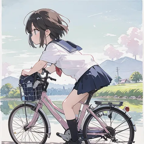 (masterpiece, highest quality:1.2), reality、A girl riding a bicycle, alone、middle School girls，uniform、Panchi et al.，White panti...