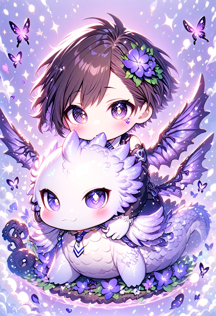 Ultra detailed, Highres, absurdres, HDR, Chisaki Kai Chibi, Overhaul, dark brown hair, short hair, expressive golden eyes, white necktie, black shirt, glittering purple butterflies, Boku No Hero Academia, white gloves, petals, magical, man, cute, very detailed eyes and face, master piece, purple background, purple flowers, glittering, fantasy, hugging a purple dragon, best quality,