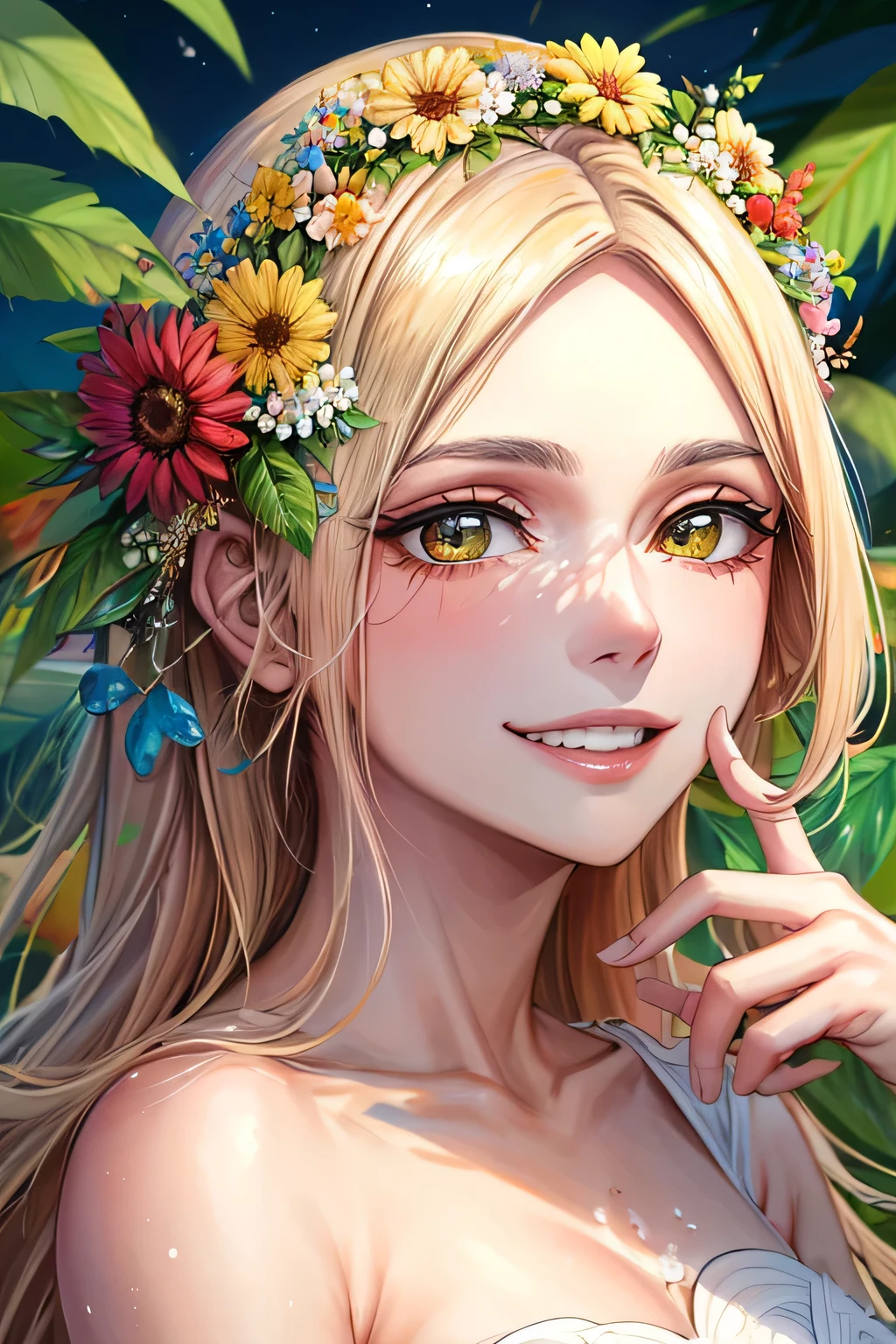 最优质的艺术品, 1 名女孩, ((独自的) 与天然化妆品, 对于脸, 幸福地微笑着, 常见的美丽花朵背景