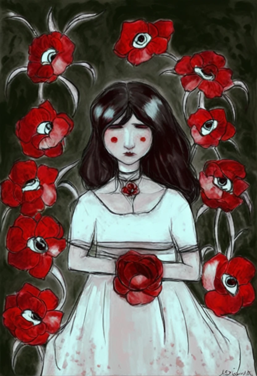 a drawing of a woman in a white dress surrounded by red flowers, inspired by Alice Prin, inspired by Ayako Rokkaku, eerie and grim art style, crimson themed, flowers in her dark hair, sadness personified, inspired by Lajos Gulácsy, red tears, humanoids overgrown with flowers, teary eyes