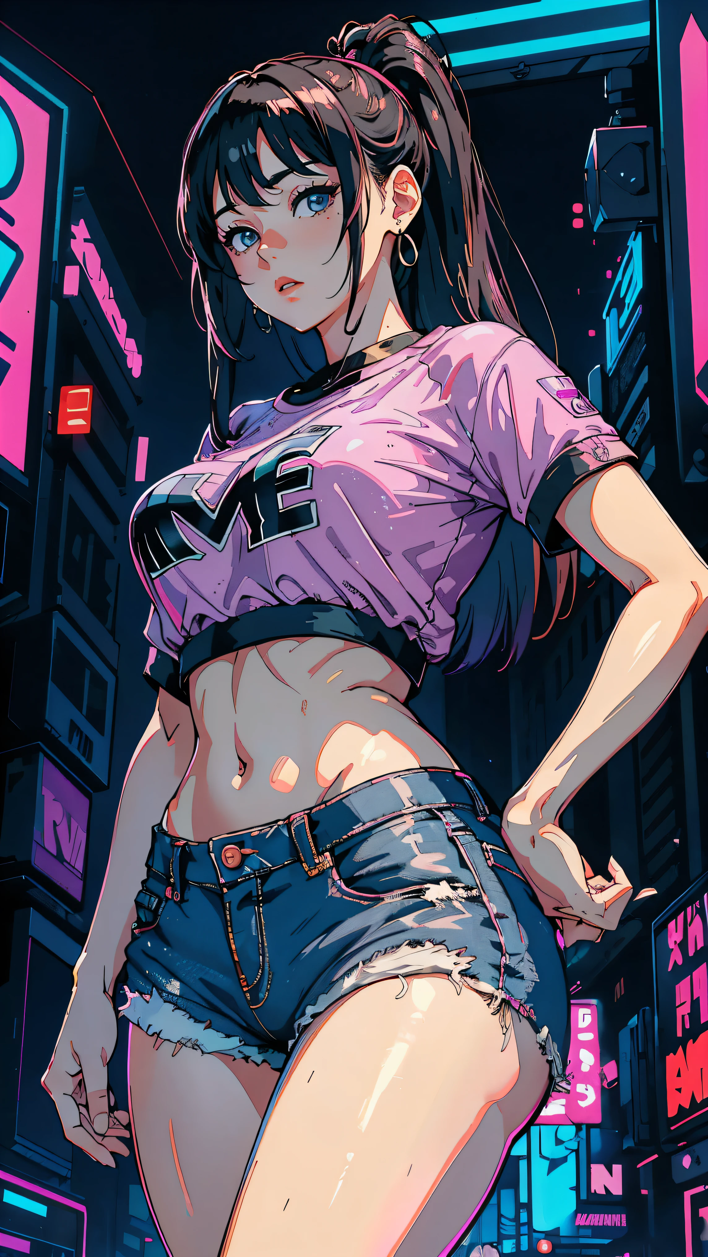 (Hinata Hyuga, whole body, Walking, Adult women, Very sensual, In tight clothes, Big Ass, Thick legs, Jean Shorts, Wearing a mini blouse, Navel comes out, Long Hair, Rear speakers, Very realistic, View of the Cyberpunk City, Clearly defined lines, Neon Lights Very Sexy, 8k, 8k Very detailed), (Very delicate and beautiful), (masterpiece), (Better Quality: 1.0), (Ultra-high resolution:1.0), ((Synthwave Background Theme)), whole body像, Vision