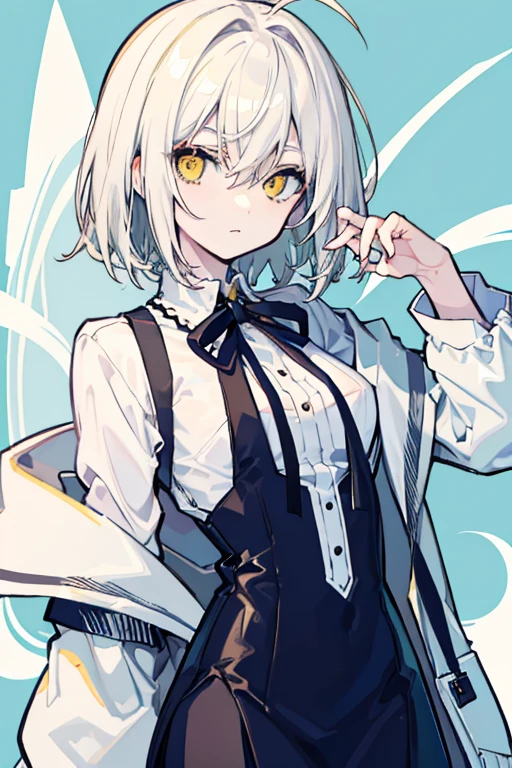 2D high quality, big chest, Anime girl with short messy hair (white), yellow eyes, pale skin and white clothes.